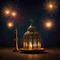 Photo fireworks are shown in the sky above a lantern with a statue of a lantern and mosque statue