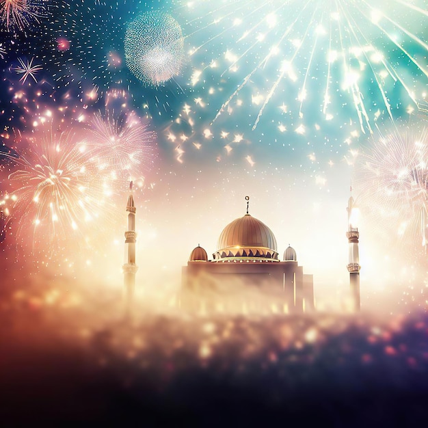 Fireworks are in the sky with a mosque in the foreground.