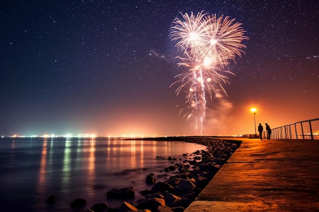 Fireworks on the beach at night with a man and woman standing on the pier and the sea in the background.