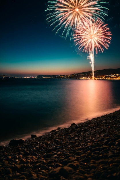 Photo fireworks on the beach at night