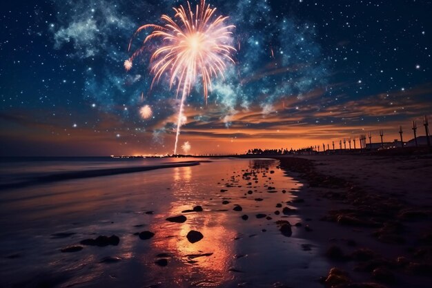 夜のビーチで花火が打ち上げられます