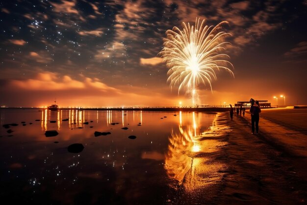 Fireworks at the beach at night