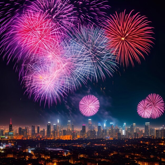 The fireworks over the big city new year celebrating generative ai illustration