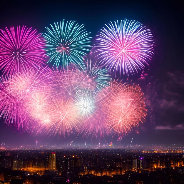 the Fireworks over the big city new year celebrating generative ai illustration