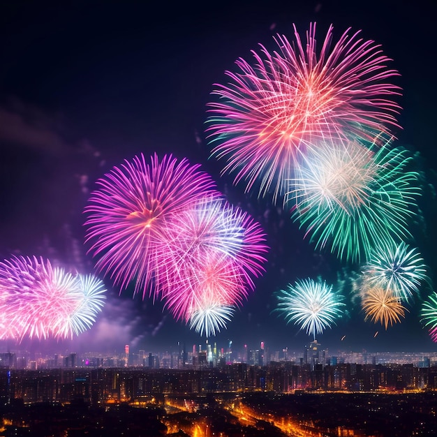 the Fireworks over the big city new year celebrating generative ai illustration