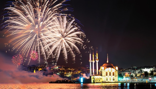 Fireworks over the black sea in istanbul