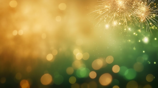 Фейерверк боке в канун нового года на золотом и зеленом фоне