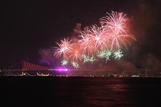 Fireworks over Bosphorus Strait Istanbul Turkey