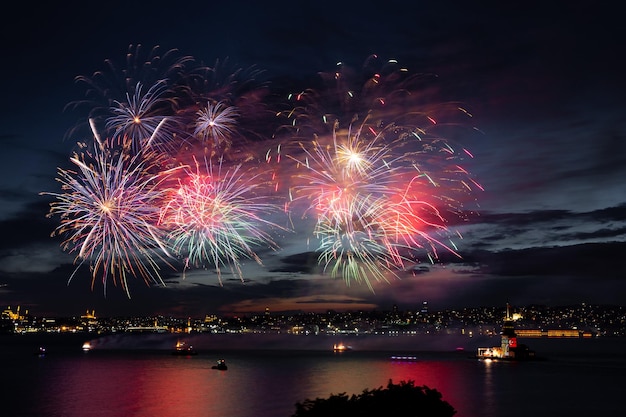 Fireworks over Bosphorus Strait Istanbul Turkey