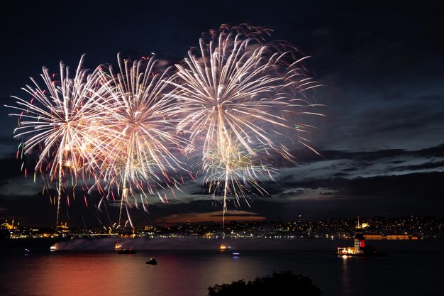 Fireworks over Bosphorus Strait Istanbul Turkey