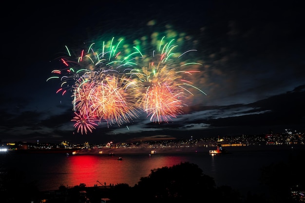 Fireworks over Bosphorus Strait Istanbul Turkey