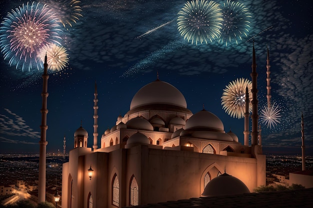 Fireworks over a building with a building in the background