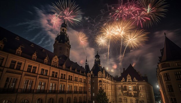 Fireworks over a building with a building in the background