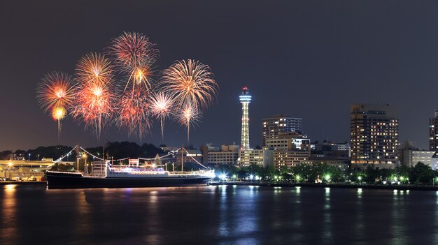 Fireworks celebrating over  marina bay in Yokohama City