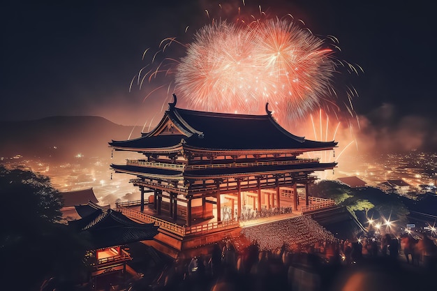 도쿄 Jap에서 밤에 아사쿠사 신사에 불꽃놀이 축제