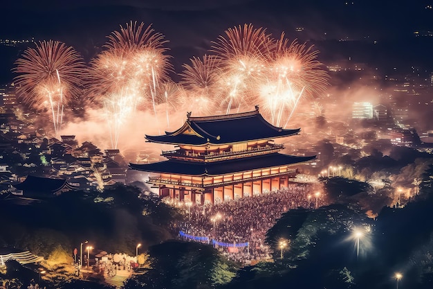 Fireworks celebration over Asakusa Shrine at night in Tokyo Japan