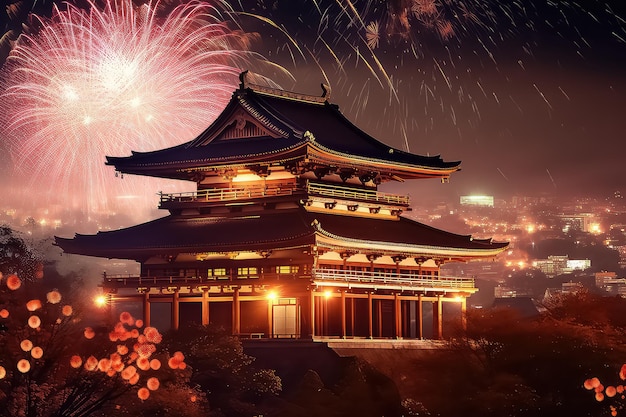 Fireworks celebration over Asakusa Shrine at night in Tokyo Japan