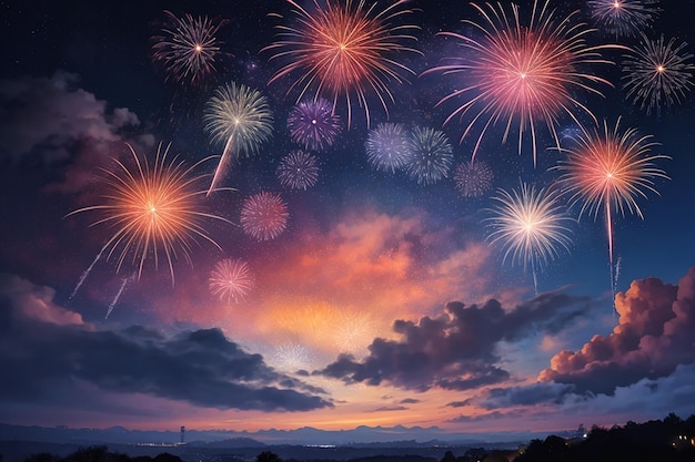 海の上の夜空で花火大会