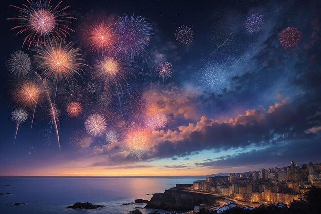 海の上の夜空で花火大会