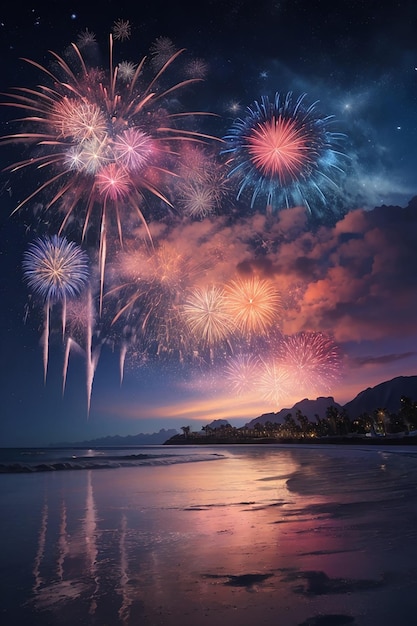 Fireworks celebration at night sky over the sea