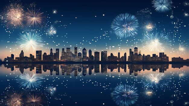 Fireworks over the city skyline of new york in the style of dark skyblue and light beige minimalist