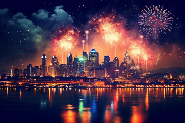 Fireworks over a city with a city in the background