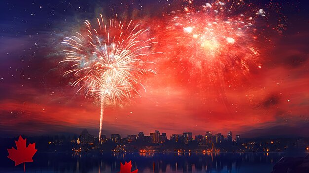 Fireworks over a city with a red flag in the background