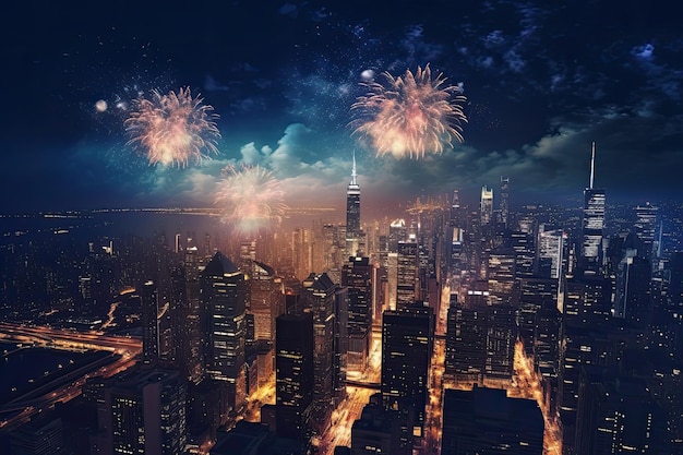 Fireworks over a city with a sky background