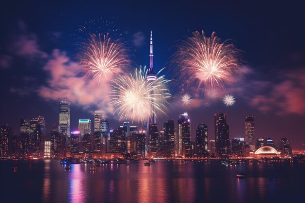 Fireworks over a city with the skyline in the background