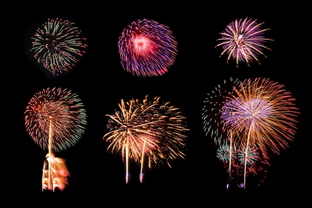 Fireworks collage isolated on black background individually for graphic use