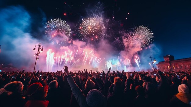 Fireworks and crowd waiting for new year