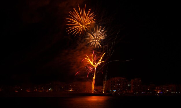 Photo fireworks in the dark in front of the sea