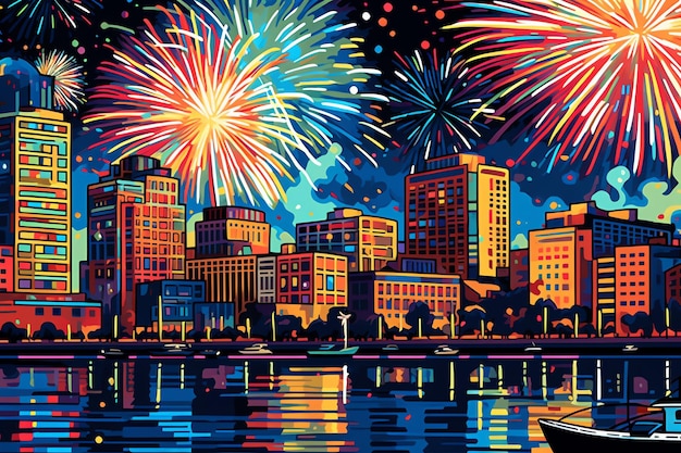 Fireworks display in a city pop art style