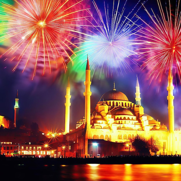 A fireworks display is lit up in the night sky above a mosque.