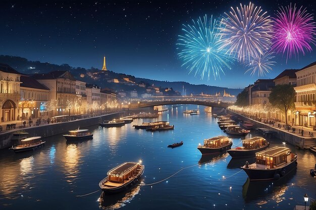 a fireworks display over a river with boats and a city in the background