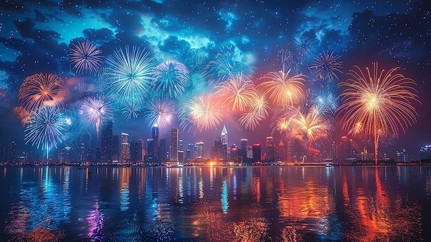 Foto spettacolo di fuochi d'artificio sullo skyline con lo skyline della città sullo sfondo