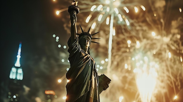Фейерверк за статуей Свободы на праздновании Дня независимости