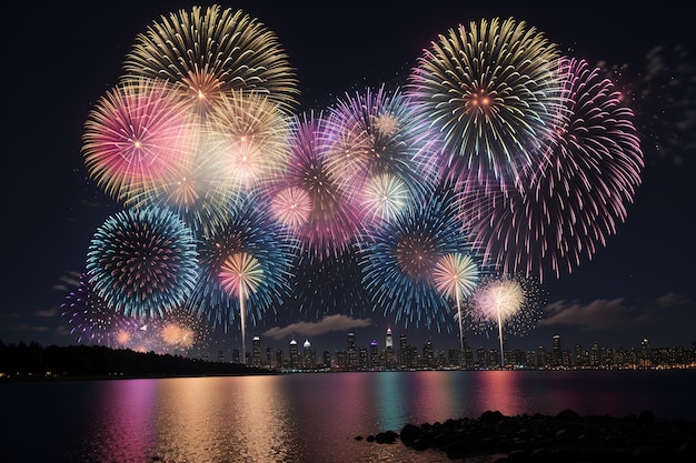 Fireworks display over the water at night