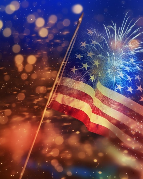 A fireworks display with a flag in the background