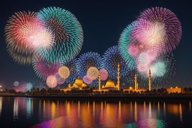 Fireworks over the dubai river in the night