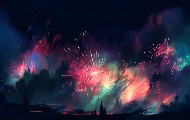 Fireworks explode over a black sky