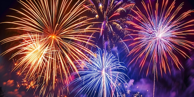 Photo fireworks explode in the night sky above a city