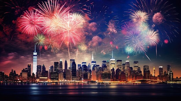 Photo fireworks explode over the skyline during new year's eve celebrations.