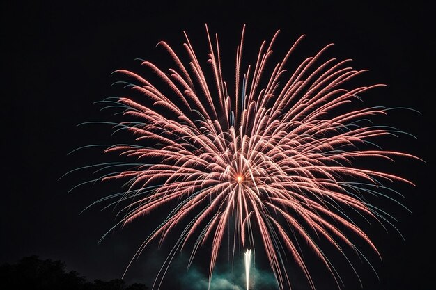 불꽃놀이가 어두운 밤에 폭발합니다. 다른 색이 축하 행사를 조명합니다.