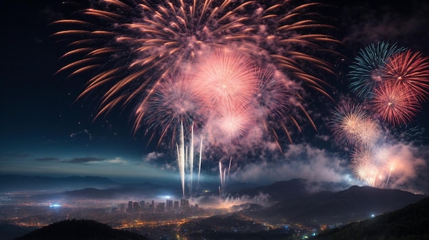 夜の山頂で花火の祭り 大きなカラフルな花火の爆発 最高の瞬間