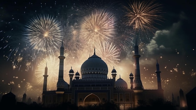 Fireworks in front of a mosque with a blue sky and a building with a dome in the foreground.