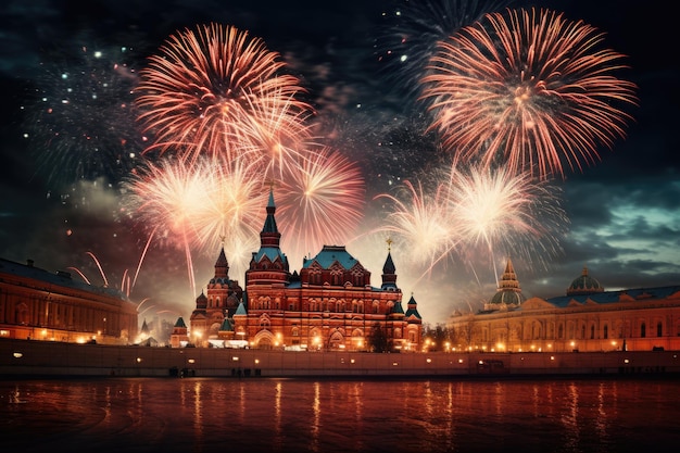 Photo fireworks over the historical museum and red square in moscow russia moscow fireworks ai generated