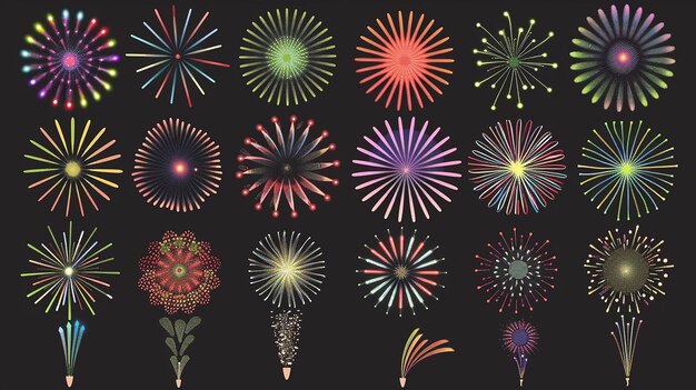 Photo fireworks icons set vector on black background