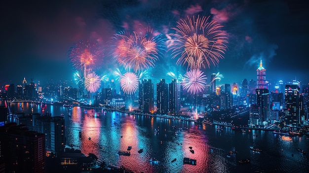 写真 街の上の夜空の花火