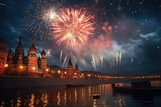 Fireworks over the Kremlin at night Moscow Russia Elements of this image furnished by NASA Moscow fireworks AI Generated